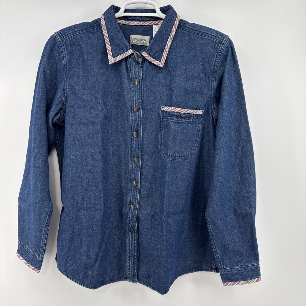 Vintage Longaberger Womens XL Blue Denim Shirt Button Front Striped Trim Y2K 90s